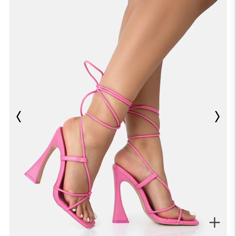 LIZZY PINK PU LACE UP SQUARE TOE CURVED HIGH BLOCK HEELS